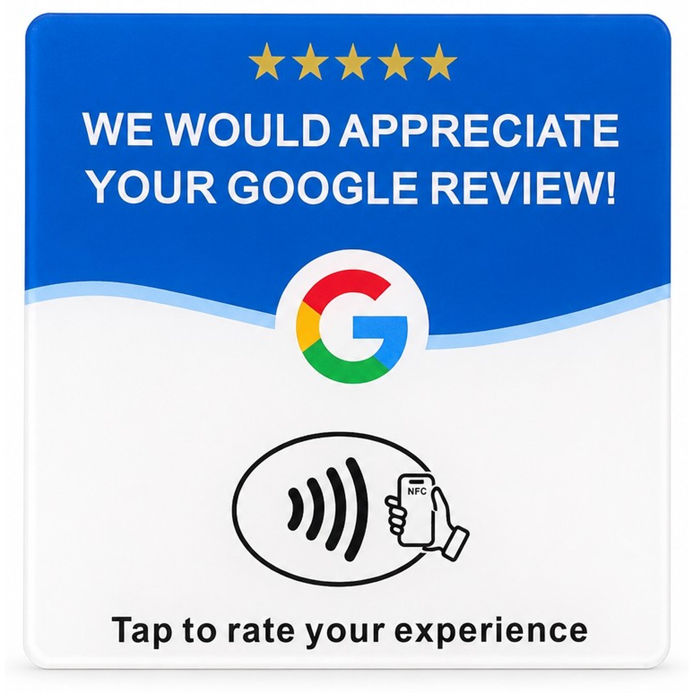 Carte NFC imprimée invitant à laisser un avis Google, avec la mention de approche du téléphone