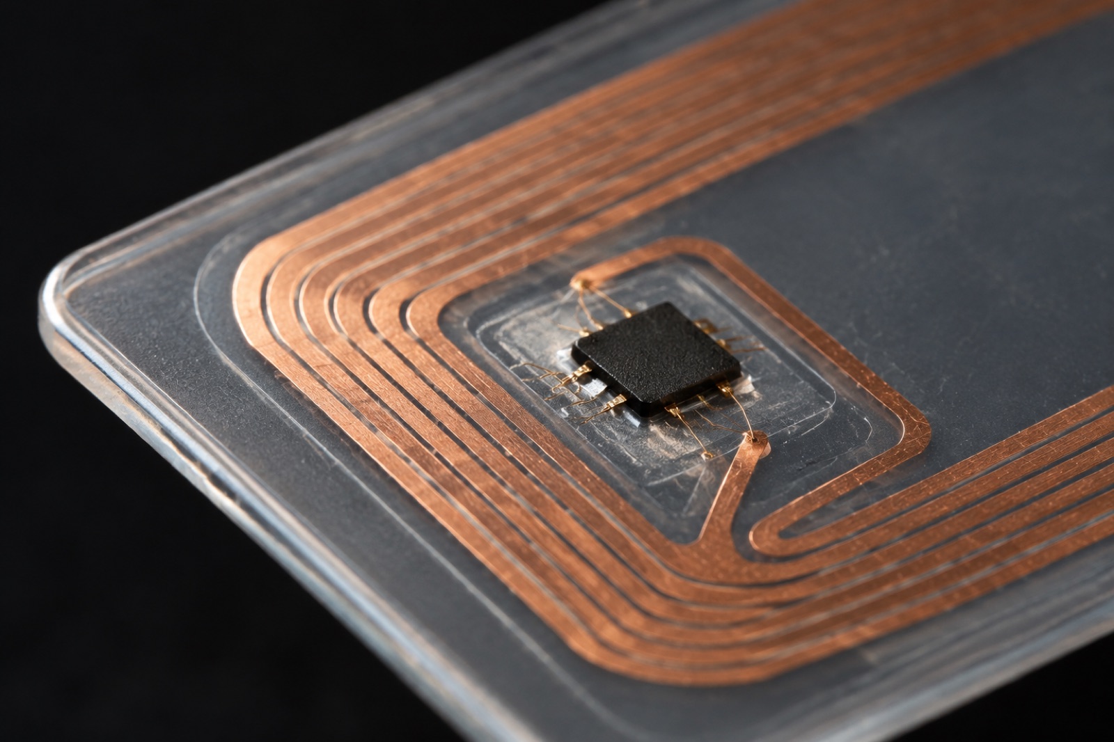 Macro d’un inlay NFC montrant la bobine de cuivre et la puce
